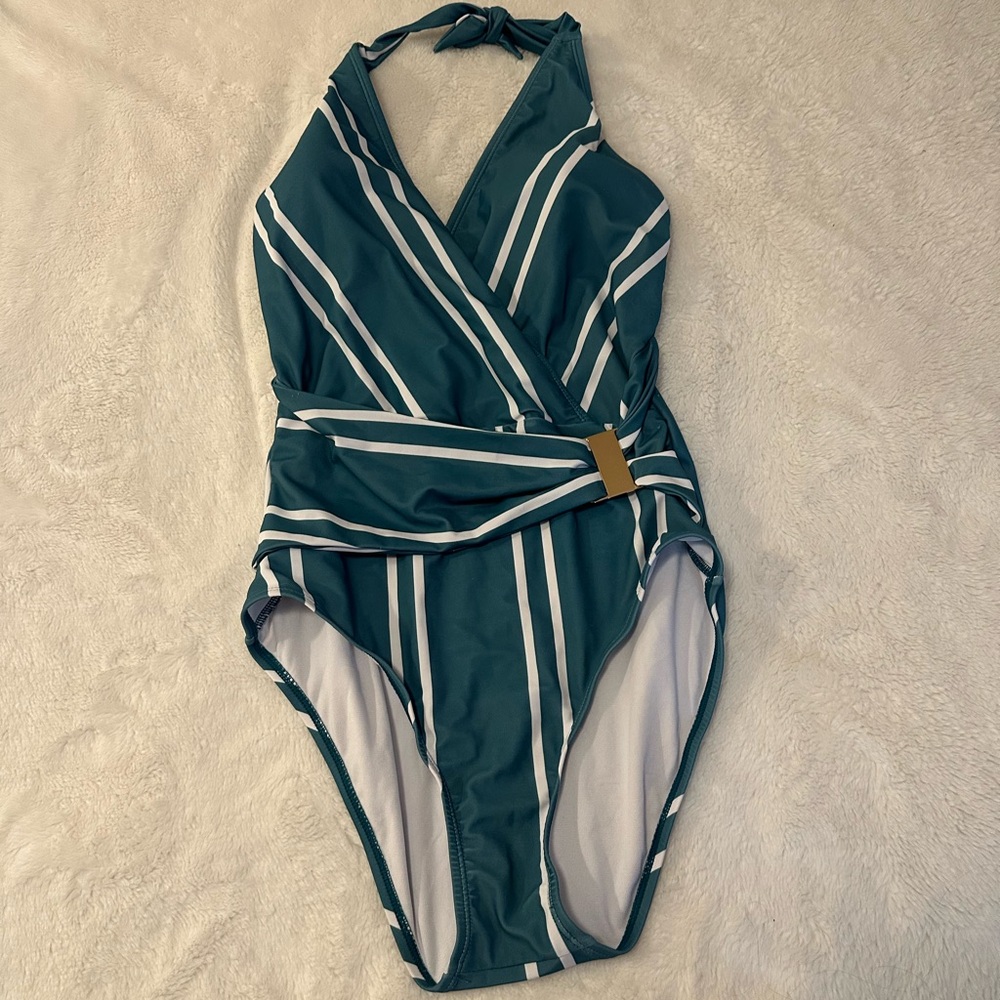 Grace Karin White and Teal One Piece Swimsuit | Size M